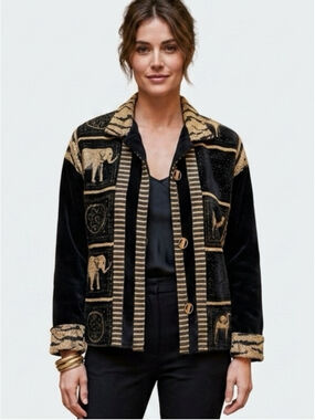 Vintage Villa Factory Safari Velvet Jacket Elephant Camel Gold Black M / L
